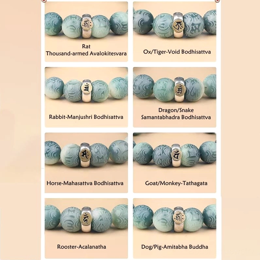 Rabbit zodiac natal Buddha bracelet side angle showing engraved bodhi seed detail