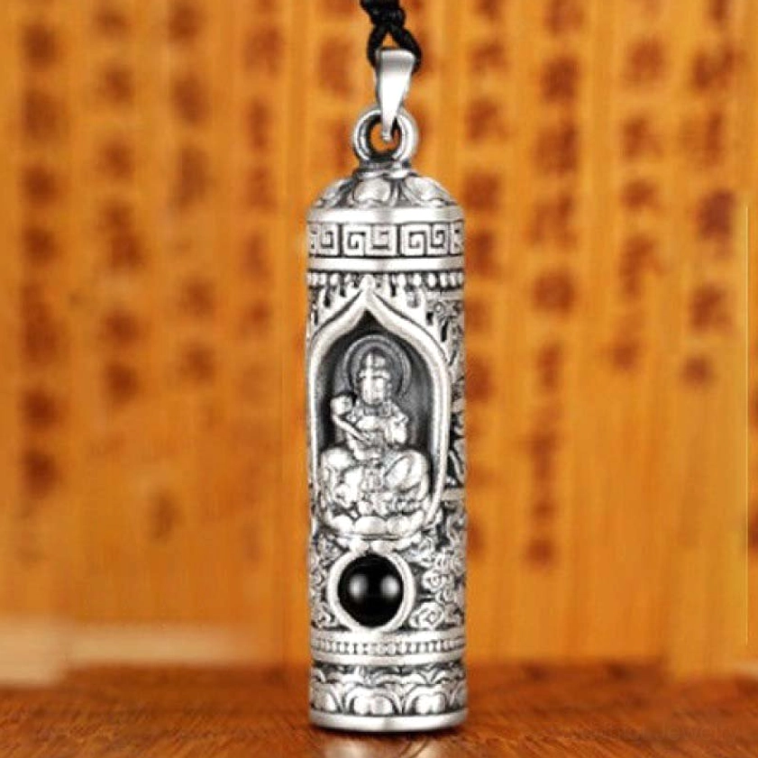 Rabbit zodiac guardian Buddha pendant with embossed Buddhist design, black gemstone inlay and vintage silver tone finish