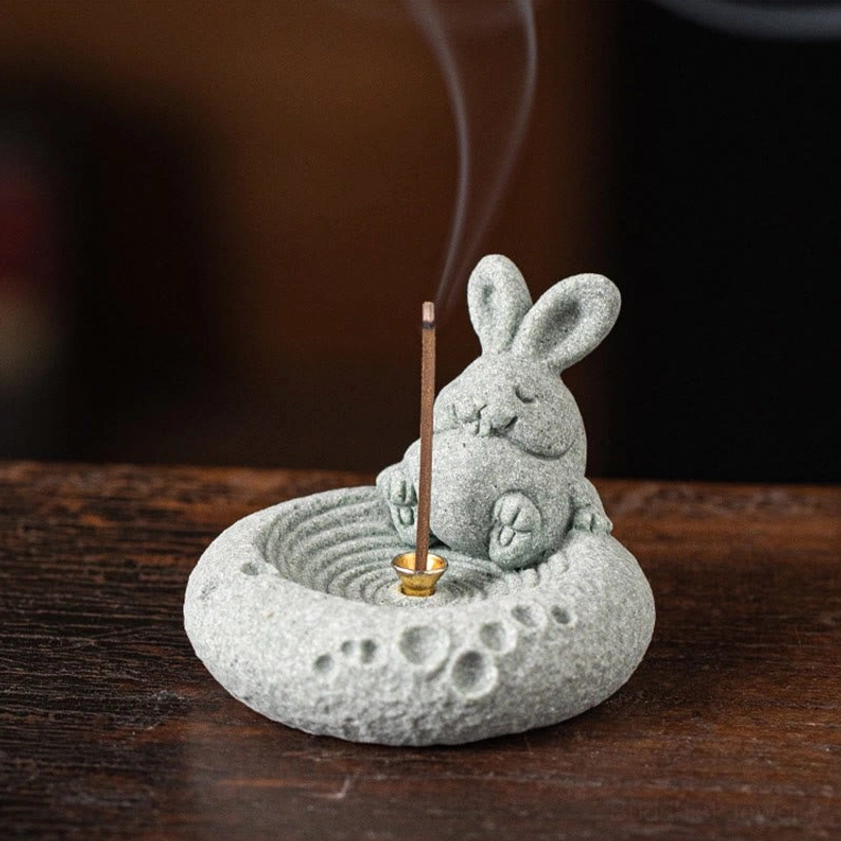 Rabbit zodiac incense burner handcrafted green sandstone figurine