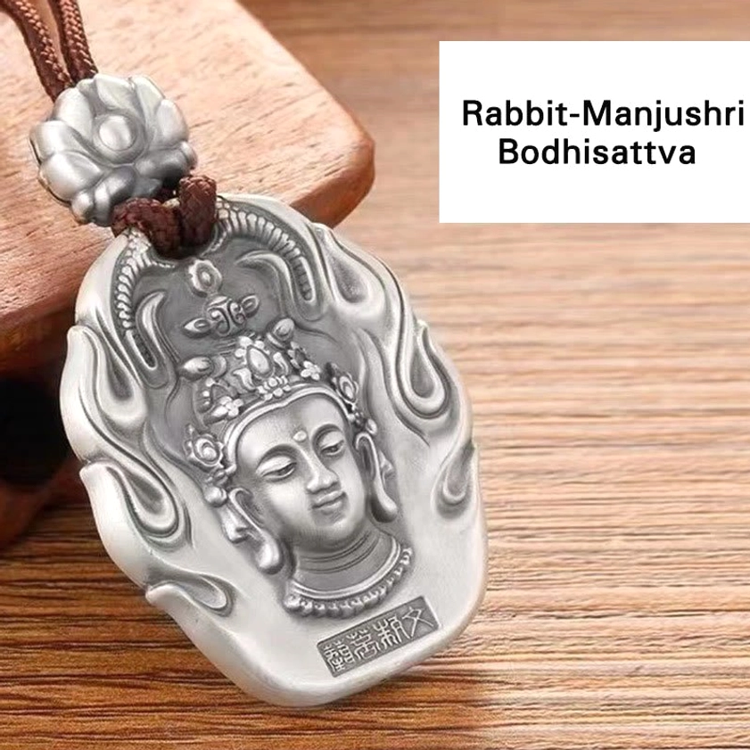 Rabbit zodiac natal Buddha pendant - Manjushri Bodhisattva, matte silver pendant for wisdom and enlightened perspective
