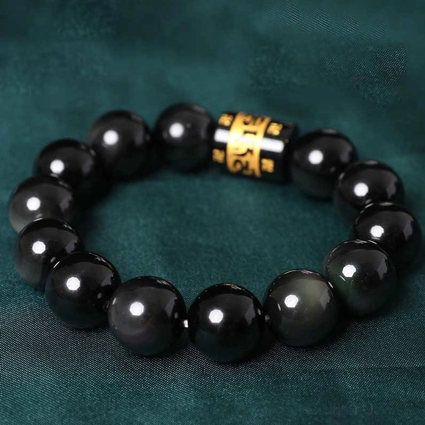 14mm rainbow obsidian Buddhist bracelet - size comparison and wrist fit guide