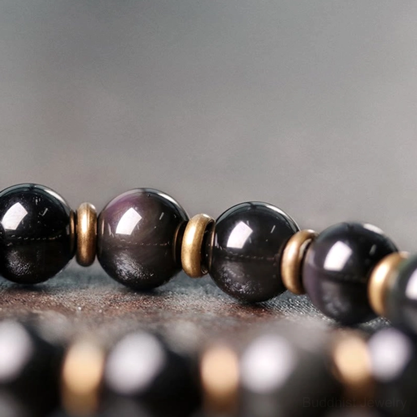 Polished round rainbow obsidian beads with brass copper metal accents, 10mm and 12mm sizes available for emotional grounding bracelet
