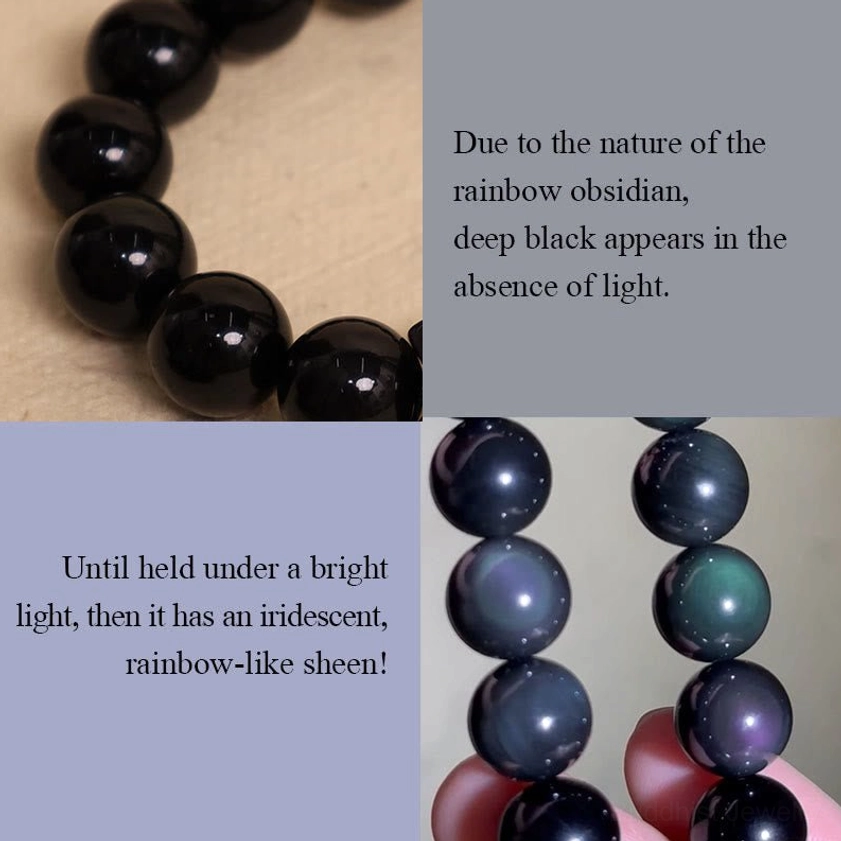 Rainbow obsidian beads close-up showing deep black base with iridescent blue green purple and bronze color shifts in light