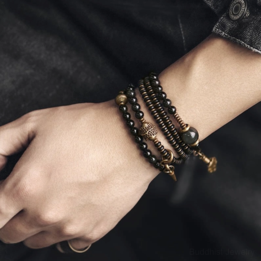 Premium elastic string detail on rainbow obsidian Buddhist protection bracelet showing durability and comfort features