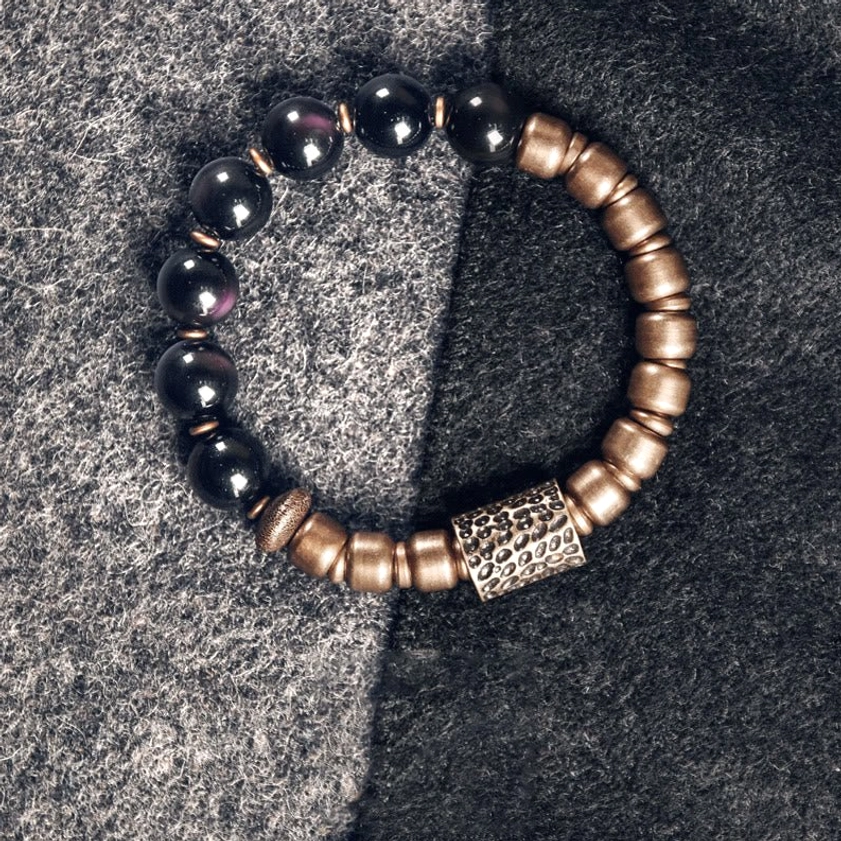 Rainbow obsidian and brass healing bracelet, premium quality handmade with natural stone beads and elastic cord