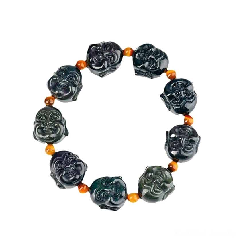 Full circular flat lay of rainbow obsidian Buddha bracelet on white background, showing complete bead arrangement and fit