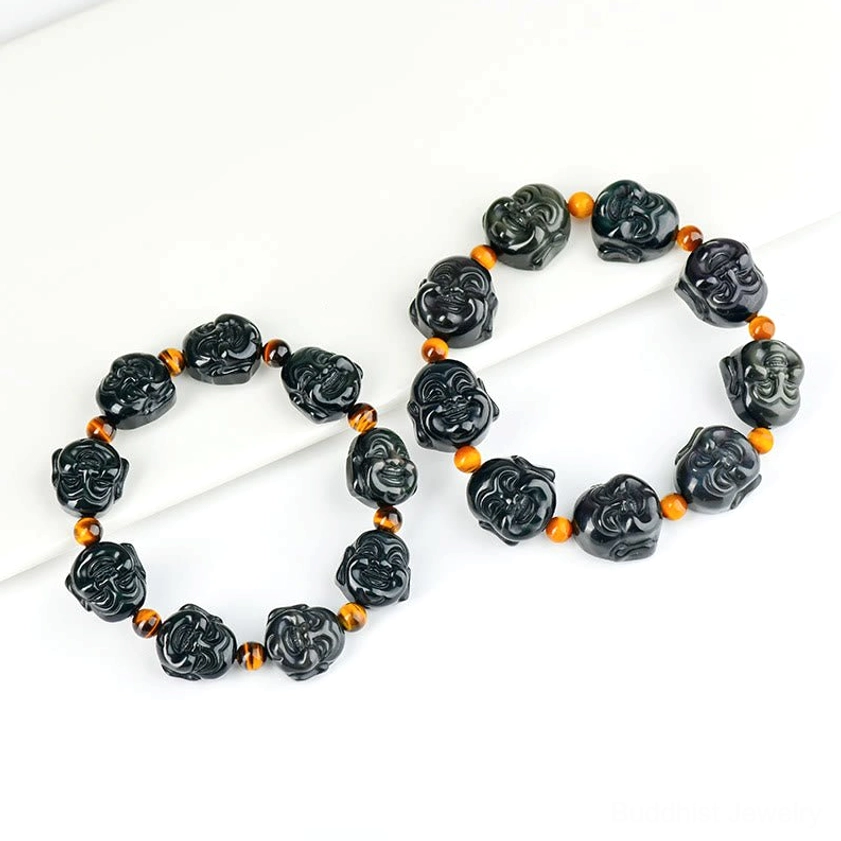Rainbow obsidian laughing Buddha bracelet size and material specifications, small and large bead options comparison