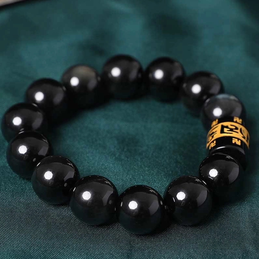 Complete rainbow obsidian Om Mani Padme Hum Buddhist bracelet with glossy black beads - full circle view