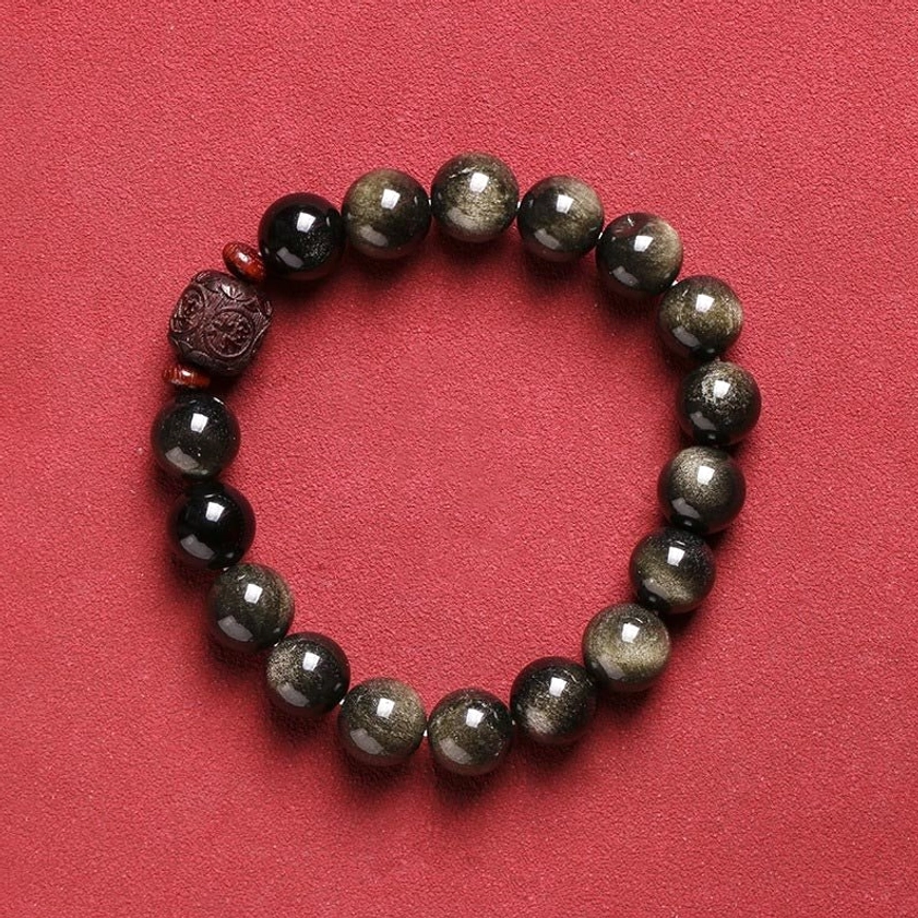Rainbow Obsidian bracelet with cinnabar and Om Mani Padme Hum engraving, natural handmade Buddhist jewelry for healing