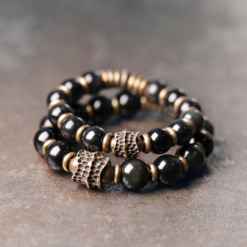 Rainbow obsidian copper bracelet with iridescent black beads and brass spacers, handcrafted Buddhist healing bracelet for emotional wellness