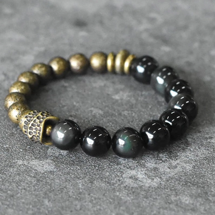 Rainbow obsidian copper spiritual healing bracelet displaying complete product with all size options available