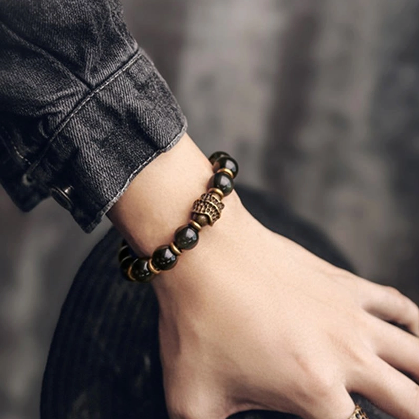 Handcrafted rainbow obsidian bracelet with premium elastic cord and copper spacers, Buddhist protection bracelet for inner peace and grounding