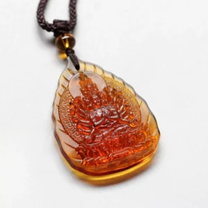 Rat Thousand-Armed Avalokitesvara Liuli crystal zodiac natal Buddha leaf pendant necklace with amber glaze and braided cord
