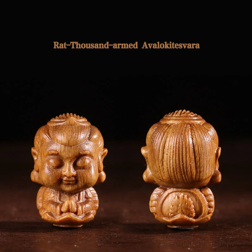 Rat's patron Thousand-armed Avalokitesvara Buddha hand-carved green sandalwood statue front and back view with lotus base engravings