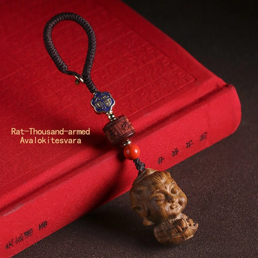 Thousand-armed Avalokitesvara Rat zodiac natal buddha sandalwood keychain side angle with braided cord and enamel charm