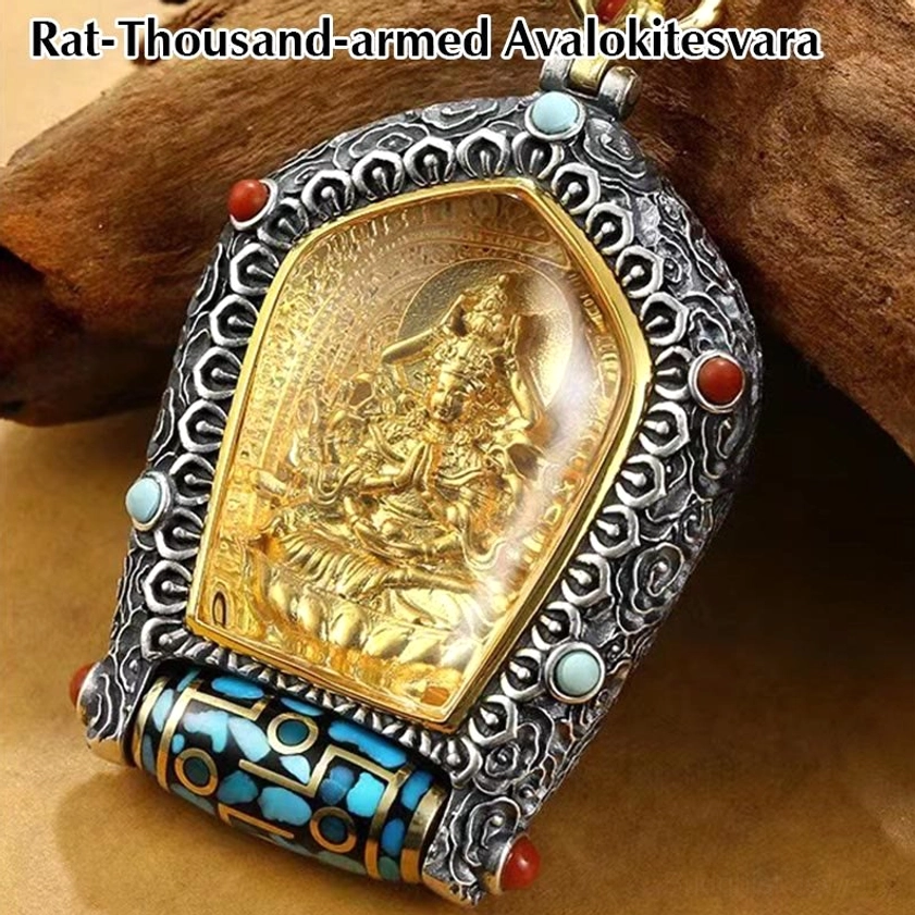 Thousand-armed Avalokitesvara Natal Buddha pendant for Rat zodiac, aged silver with embossed cloud border and colored stone inlays