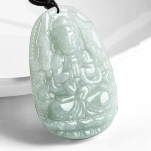 Rat zodiac Buddha jade pendant necklace with intricate relief carving on white background