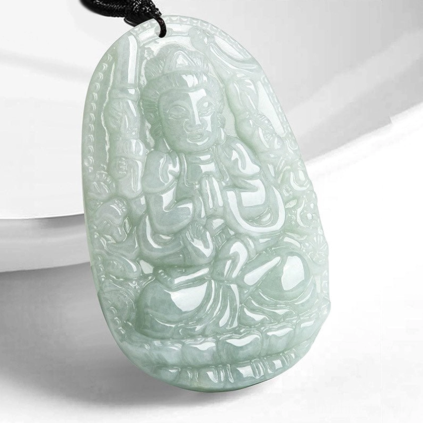 Rat zodiac Buddha jade pendant necklace with intricate relief carving on white background