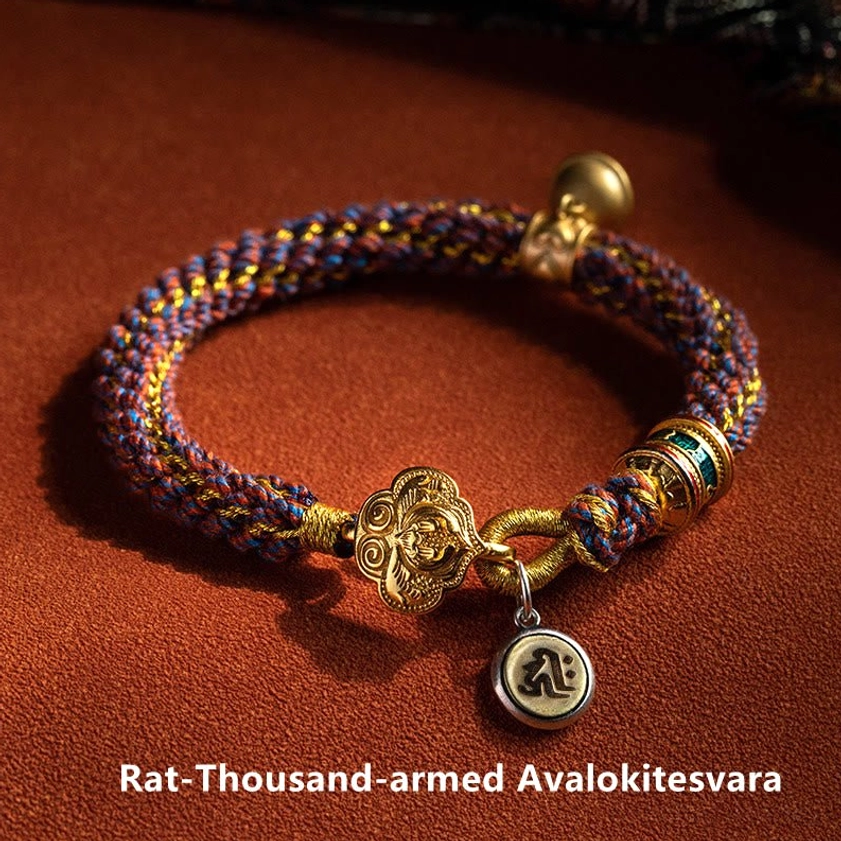 Rat zodiac guardian Buddha bracelet with engraved sterling silver charm and braided red cord