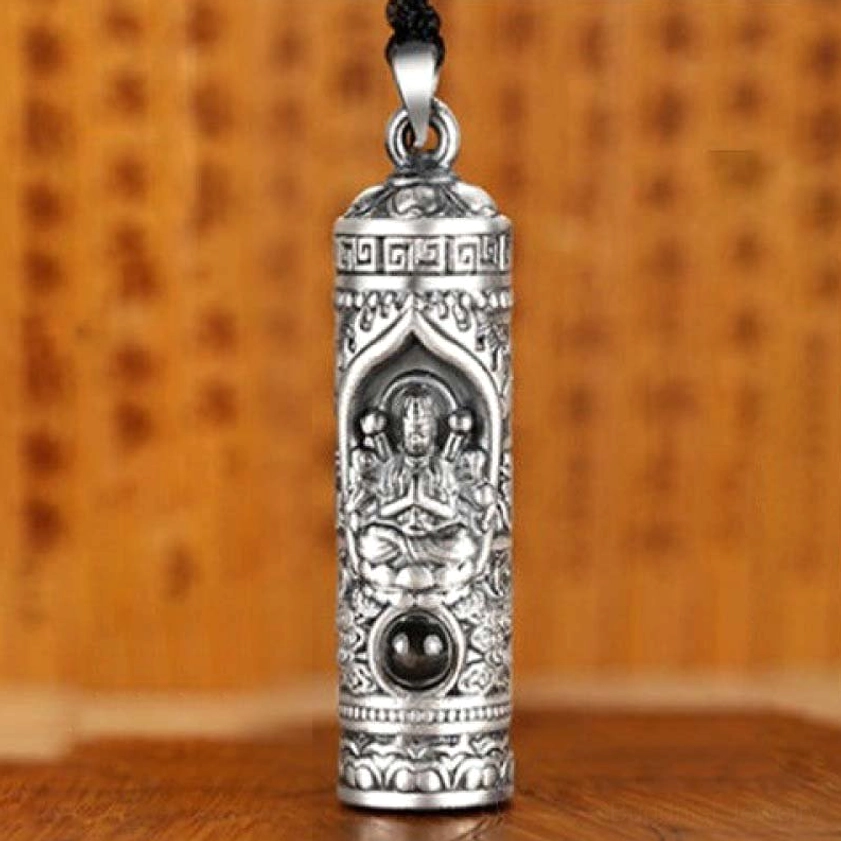 Cylindrical Rat zodiac guardian Buddha pendant with embossed Bodhisattva, black inlaid stone and Greek key pattern trim