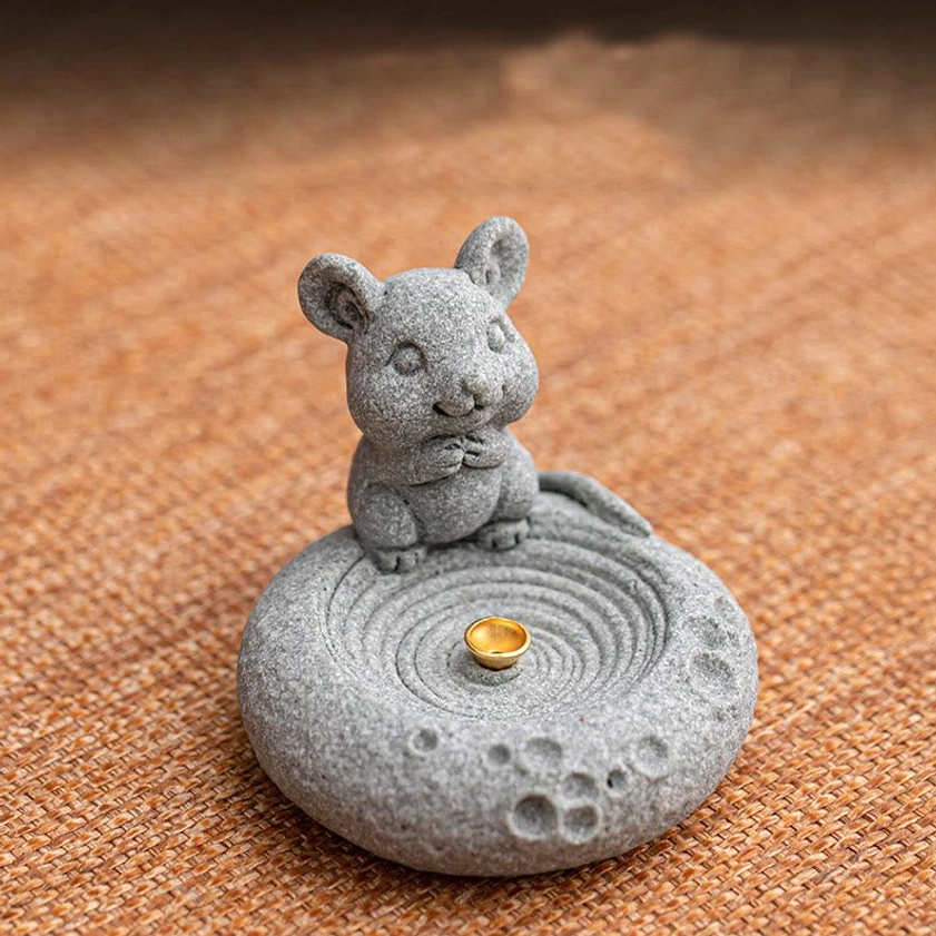Rat zodiac incense burner front close-up handcrafted green sandstone matte finish
