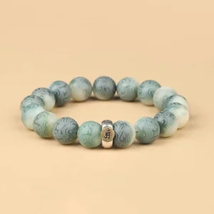Rat zodiac natal Buddha bodhi seed bracelet with engraved Om Mani Padme Hum mantra and copper alloy charm