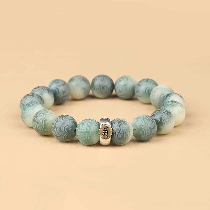 Rat zodiac natal Buddha bodhi seed bracelet with engraved Om Mani Padme Hum mantra and copper alloy charm