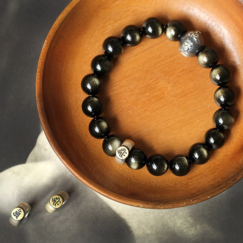 Rat zodiac natal Buddha obsidian bracelet with sterling silver charm and beads