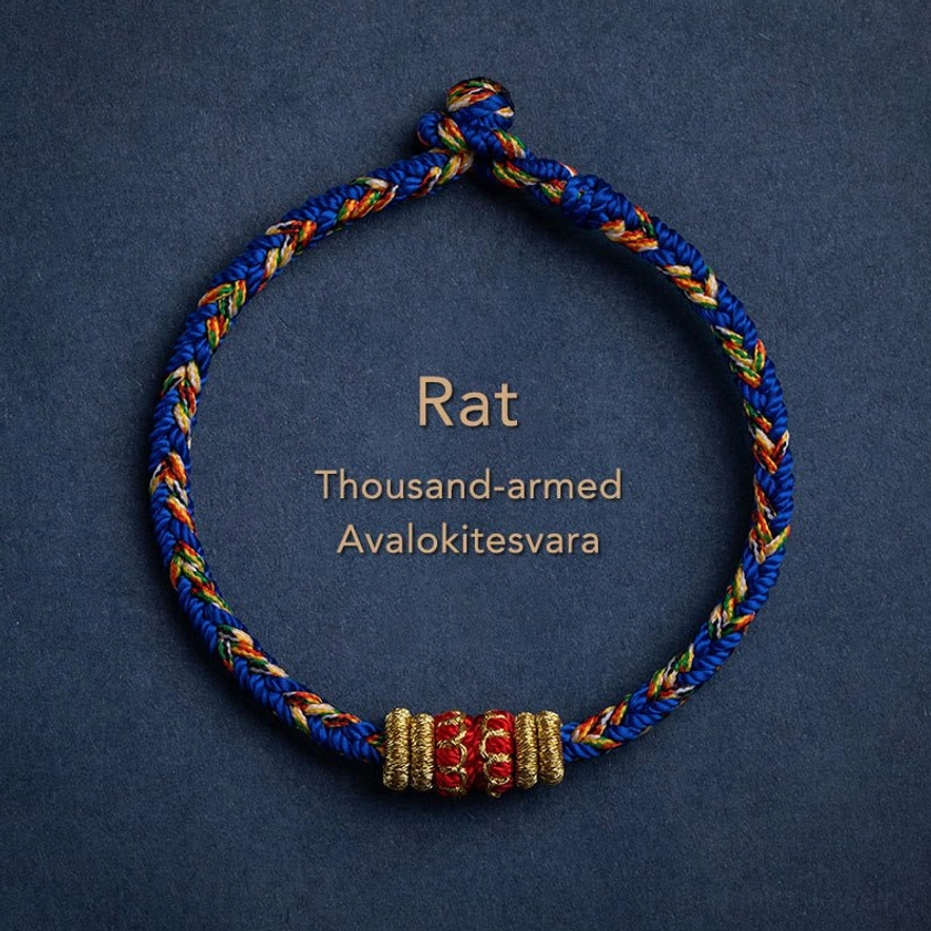 Rat zodiac natal buddha protection bracelet with blue braided rope and gold decorative band