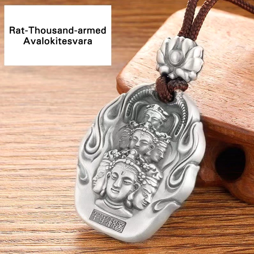 Rat zodiac natal Buddha pendant - Thousand-armed Avalokitesvara, matte silver Buddhist pendant necklace with brown cord