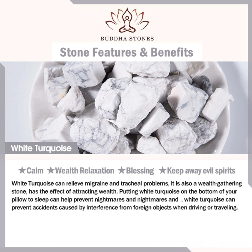 Raw white turquoise stone specimens in bowl showing rough natural grey veined stones and mineral healing properties description
