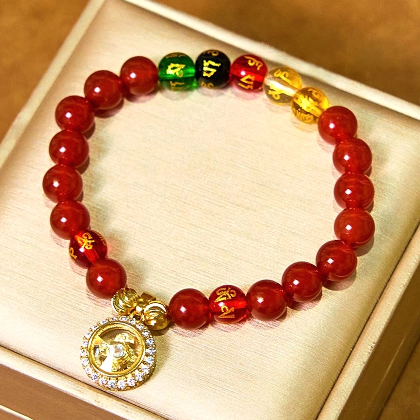 Red agate Buddhist mantra bracelet with rotatable gold cyclone charm in jewelry gift box
