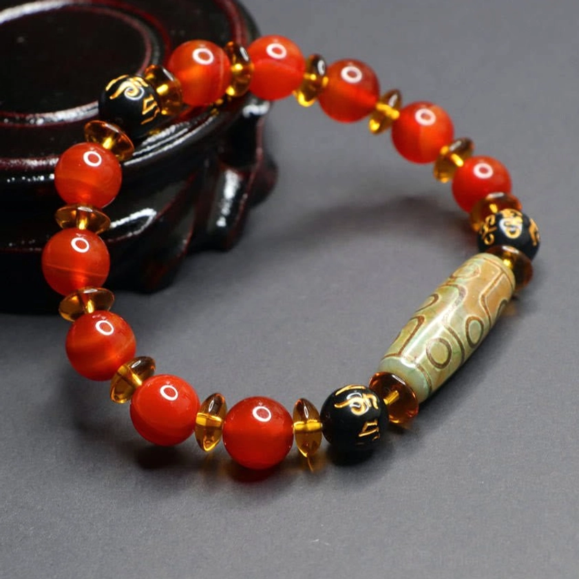 Red agate Buddhist protection bracelet with om mani padme hum sacred mantra beads