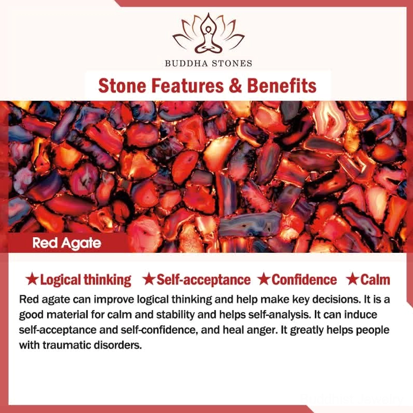 Red agate stone benefits infographic showing healing properties including confidence boost, emotional calm, clarity and self-acceptance