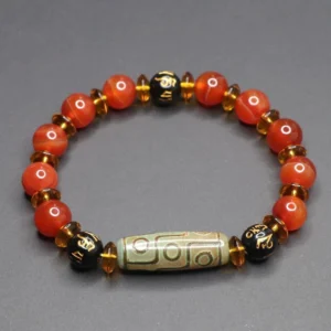 Red agate nine-eye dzi bead bracelet with om mani padme hum mantra beads - top view showcase