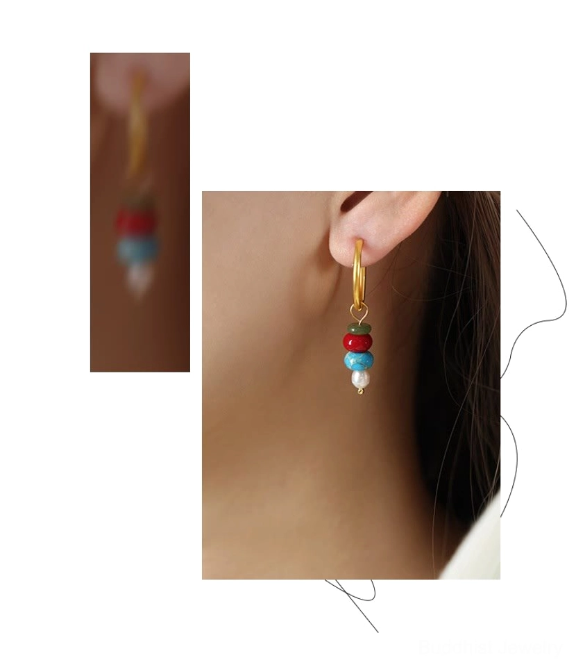 Red agate stone earring design schematic - product design illustration showing stacked stone and pearl structure