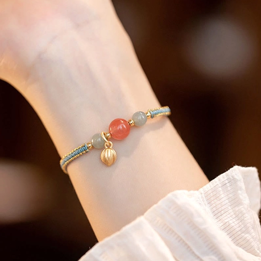 Red agate lotus Buddhist bracelet with natural stone beads and adjustable string