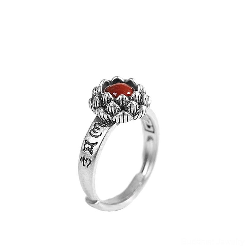 Red agate lotus sterling silver ring with sutra engraving for protection and grounding
