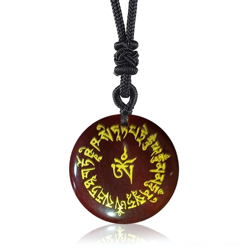 Red Agate Buddhist Mantra Pendant Necklace with Golden Sanskrit Engraving - Confidence Stone
