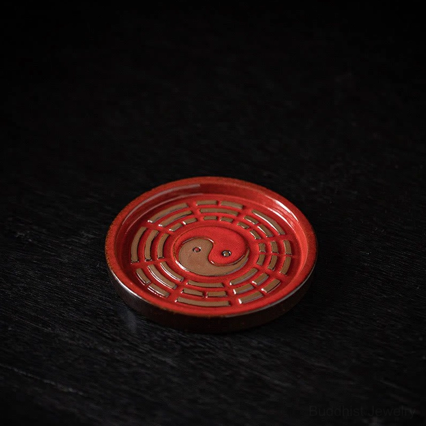 Red Bagua ceramic tray incense holder with protective energy symbolism for home altar and sanctuary space