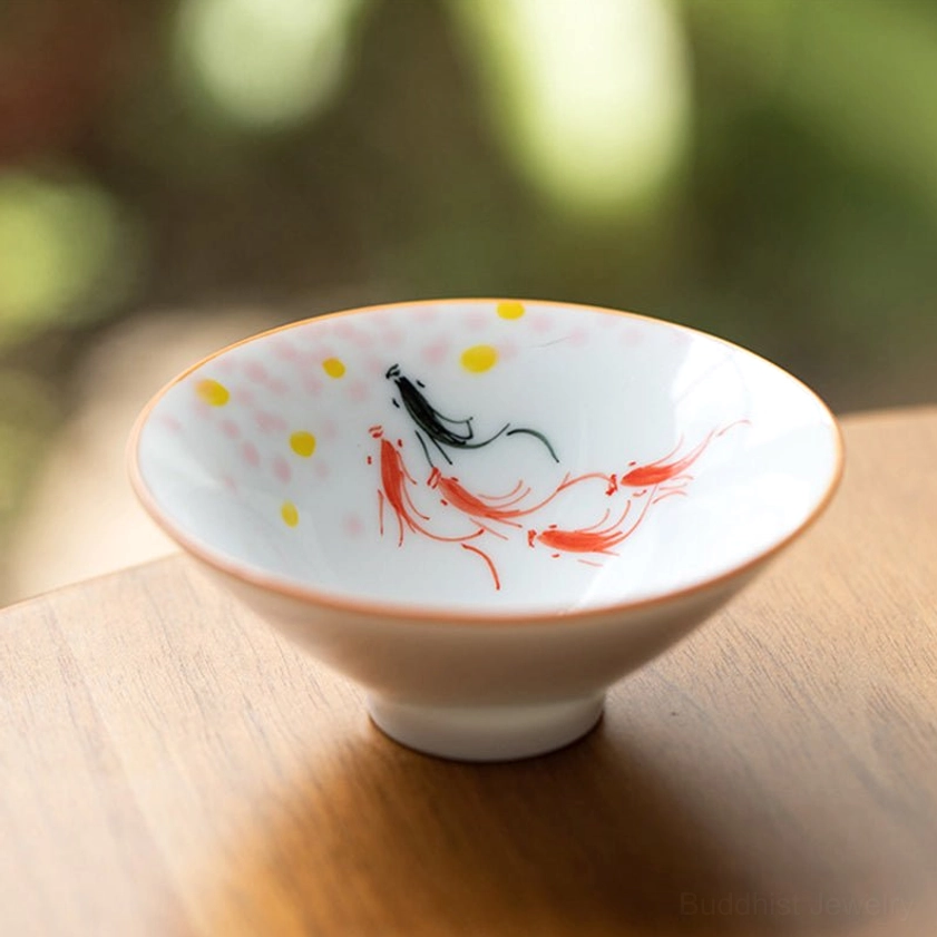 Red black koi fish pattern Buddhist ceramic teacup hand-painted perseverance symbol