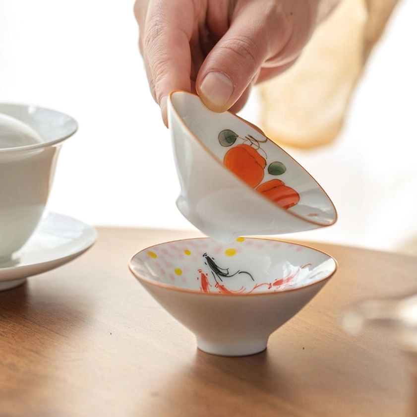 Koi fish red black pattern Buddhist porcelain teacup hand-painted symbolism