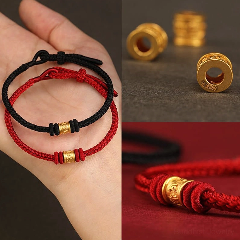 Red braided Buddhist cord bracelet detail, fine craftsmanship of protective spiritual jewelry