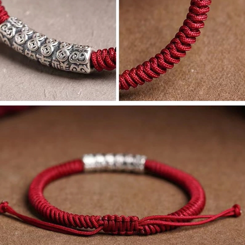 Red braided cord Buddhist bracelet with sterling silver engraved pendant detail