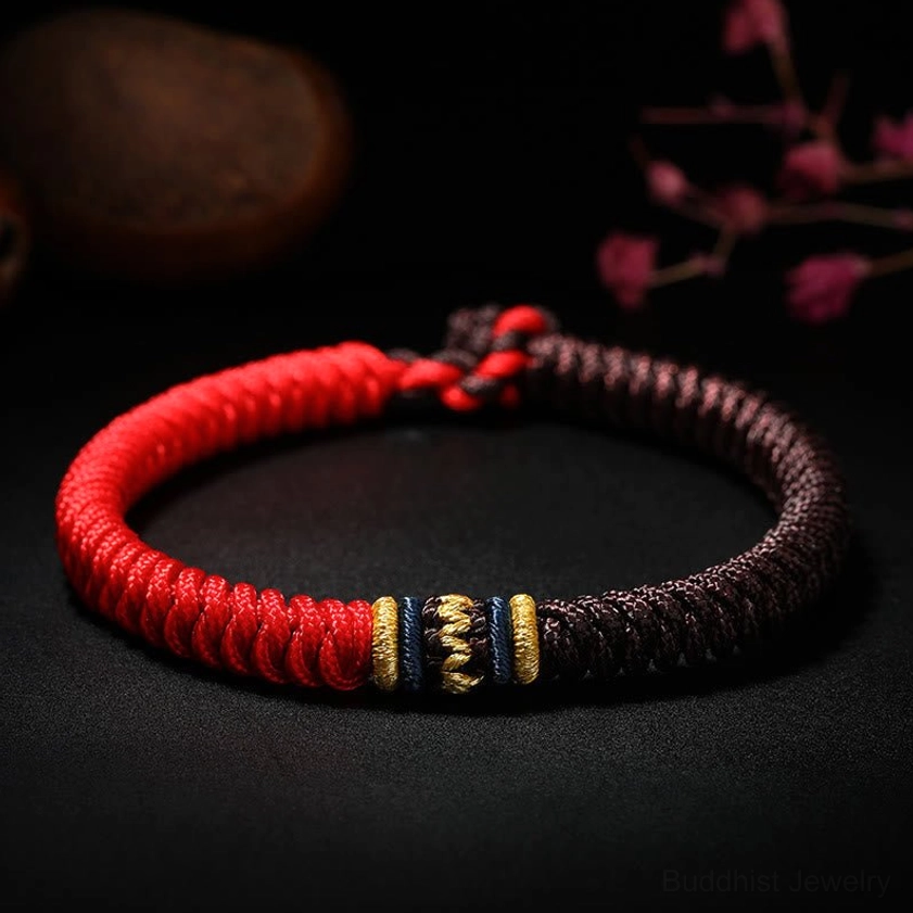 Red brown Buddhist braided string bracelet showcasing King Kong Knot design detail and handmade craftsmanship from multiple angles