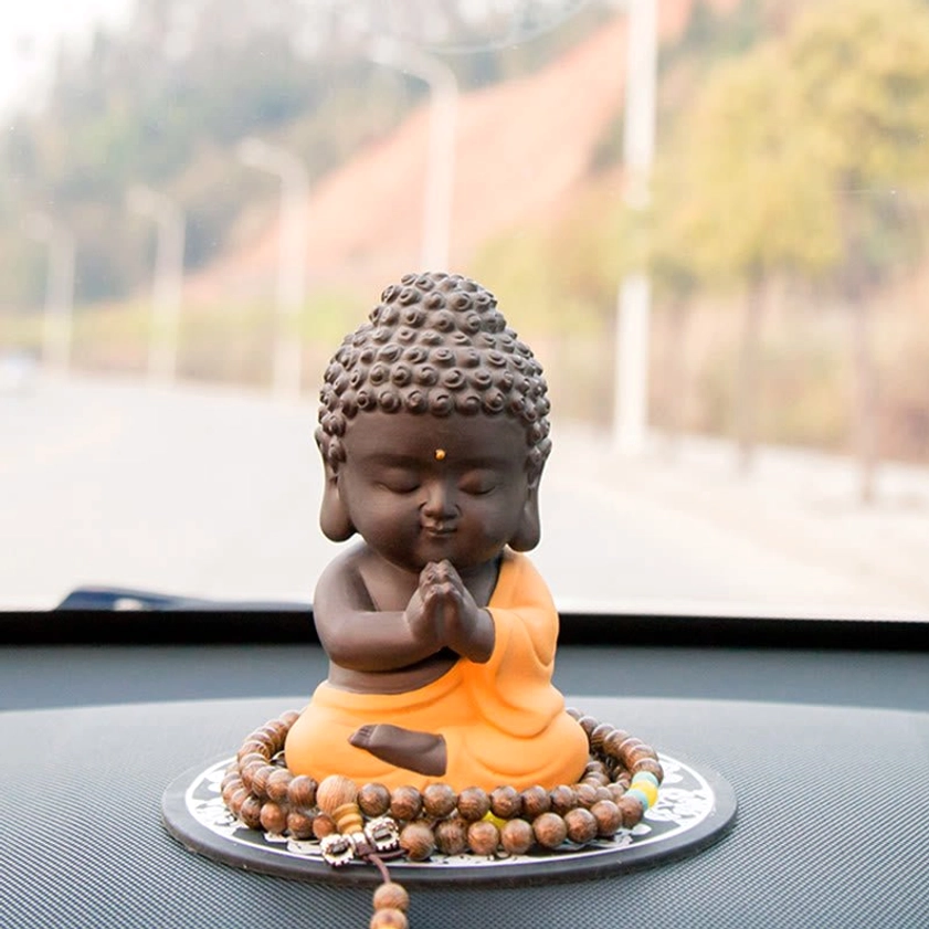Red Buddha statue variant - natural purple clay figurine with red robe, cross-legged meditation pose for altar or desk display