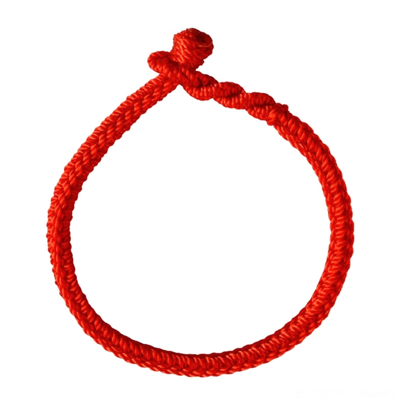 Classic red Buddhist string bracelet with eight-thread braided pattern and decorative knot on white background