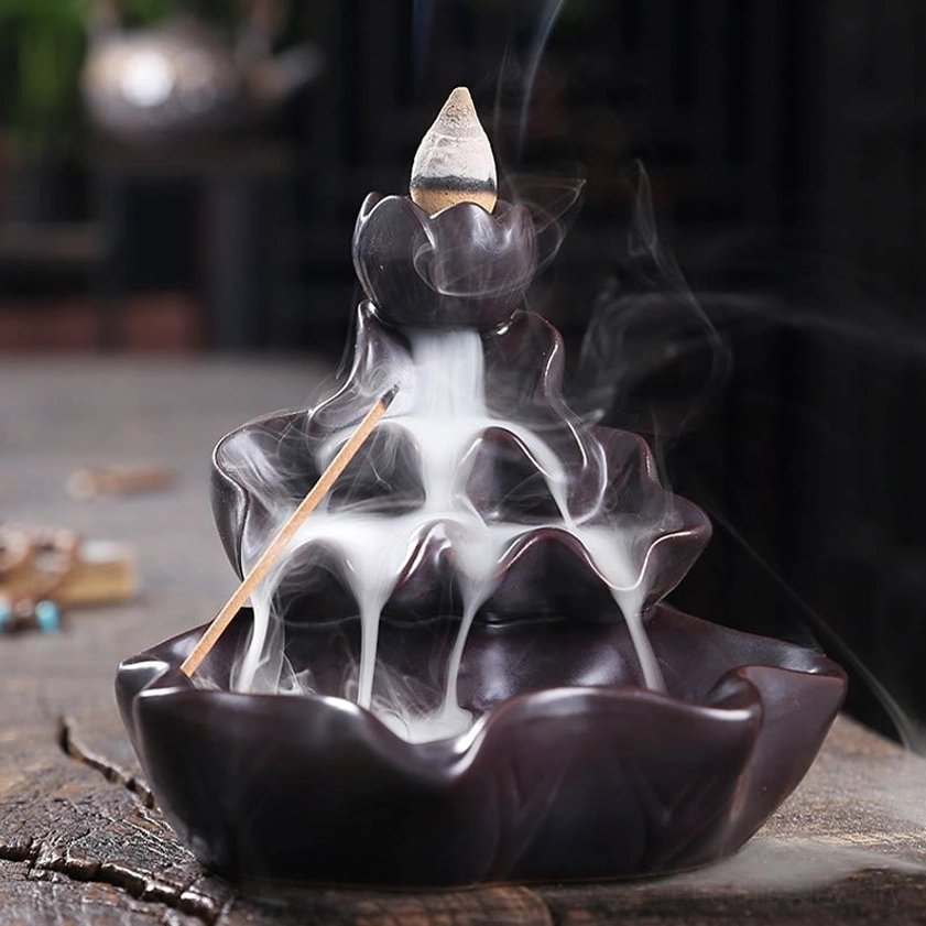 Red ceramic lotus incense holder with backflow design