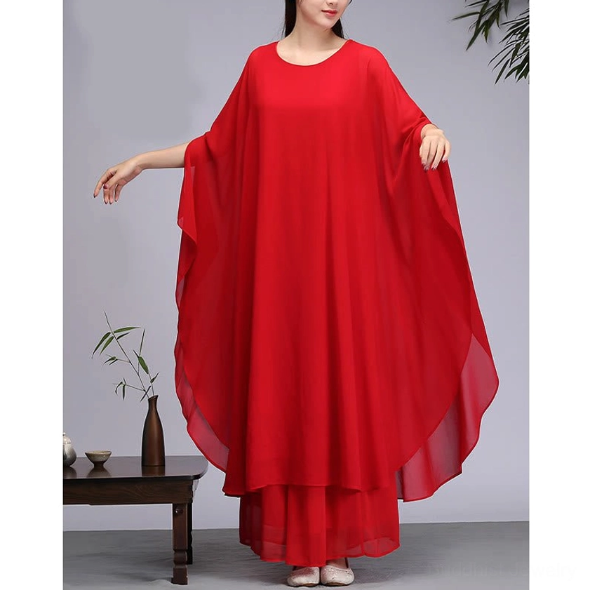 Red Zen meditation two-piece ensemble front three-quarter view with relaxed loose fit for comfortable yoga practice