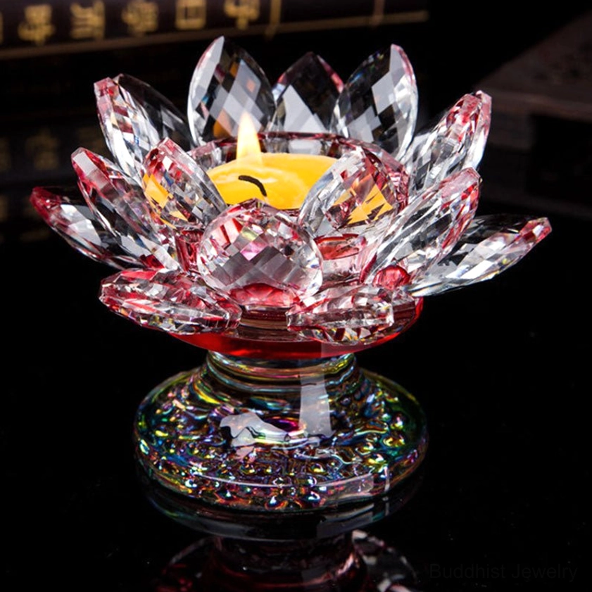 Deep red crystal lotus candleholder with faceted petals and central crystal ball - spiritual energy holder